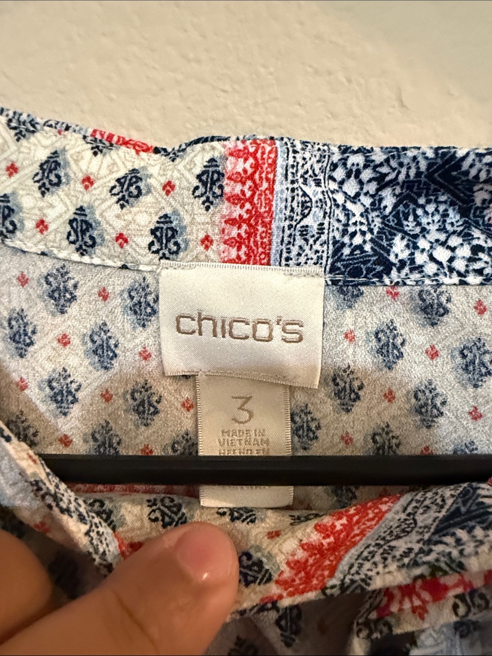 Chico's Red, Navy & White Cold-Shoulder Tie-Neck Blouse - Picture 2 of 3